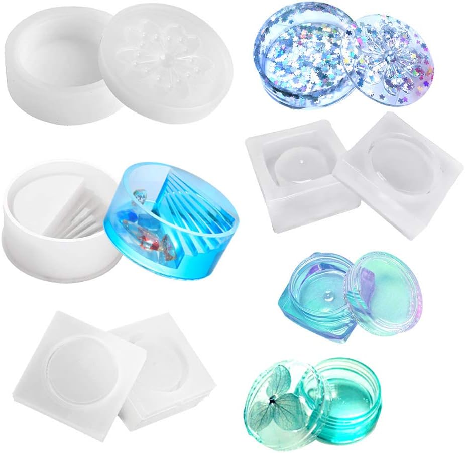 Silicone Resin Molds, Epoxy Casting Molds Include Round Stair Mold, Sakura Trinket Box Mold, Mini Size Box Mold, DIY Flower Pot Mold for Cement Clay Crafts, Jewelry/Beads/Little Accessories Storage
