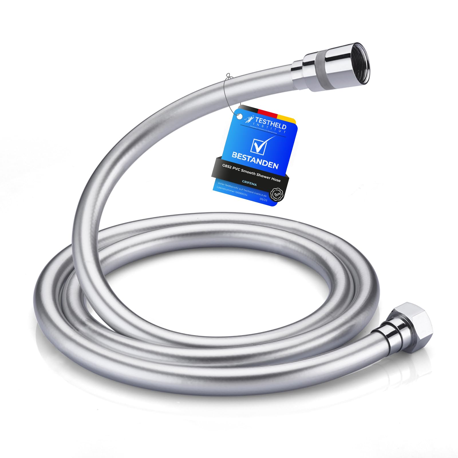 GRIFEMA Smooth Shower Hose 1.5m / 59 Inch – Flexible PVC Shower Hose, Anti-Kink & Leakproof, Universal G1/2" Fit, Durable Replacement Hose with Brass Connectors & Washers - Silver