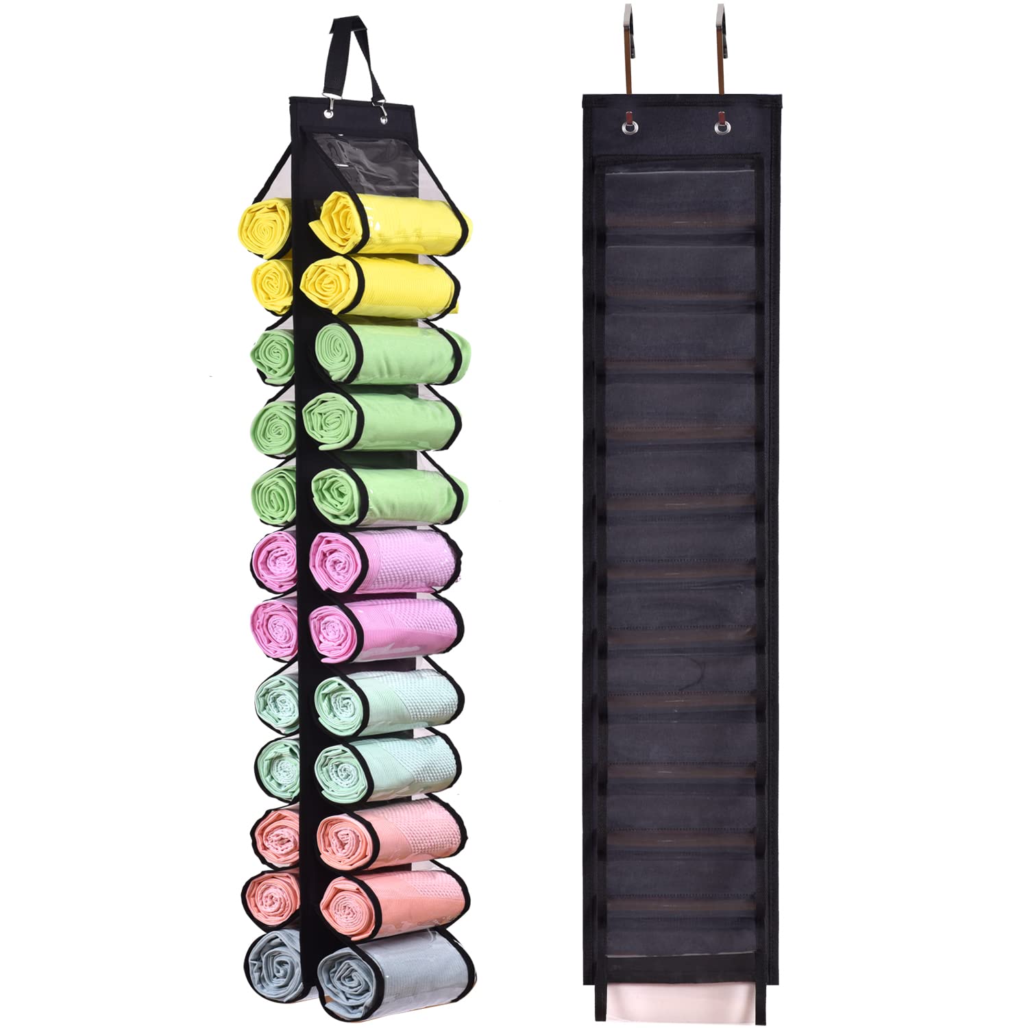 T-shirt Storage Hanger - Holds 24 Leggings, Jeans or Shirts, Compartment, Foldable Organizer, Portable Wardrobe for Rolls (Black-L)
