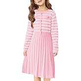 Haloumoning Girls Sweater Dress Knit Long Sleeve Striped A Line Pleated Fall Winter Dresses 5-14 Years