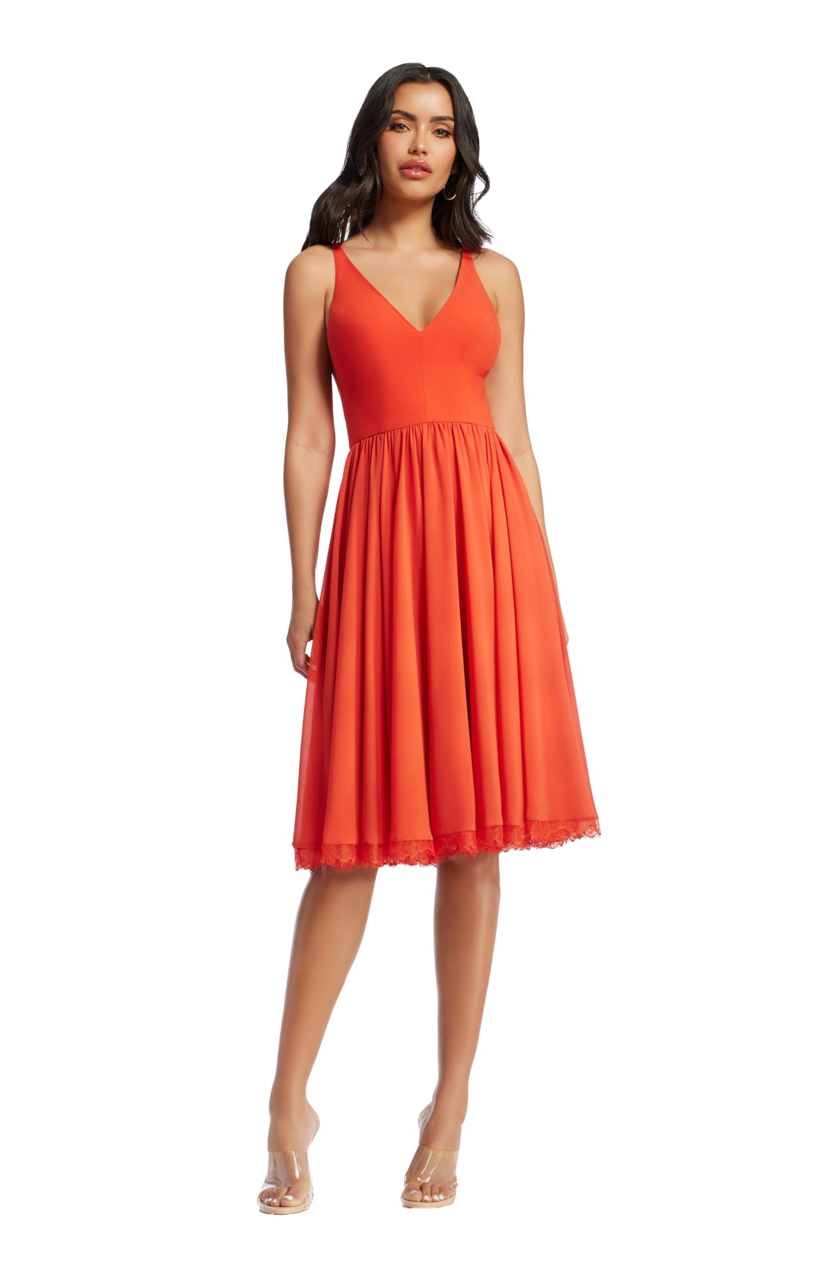 Dress the Population Women’s Alicia Plunging Mix Media Sleeveless Fit & Flare Midi Dress Dress, Poppy, XS