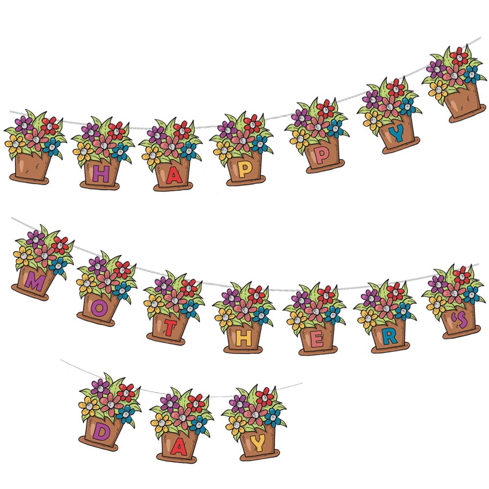 AK Giftshop Mothers Day Bunting Decorations Flower Pots Garland 18pcs / 2.5m White Ribbon