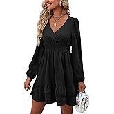 Rooscier Women's Wrap V Neck Swing Ruffle Swiss Dots Long Sleeve Mini Dress