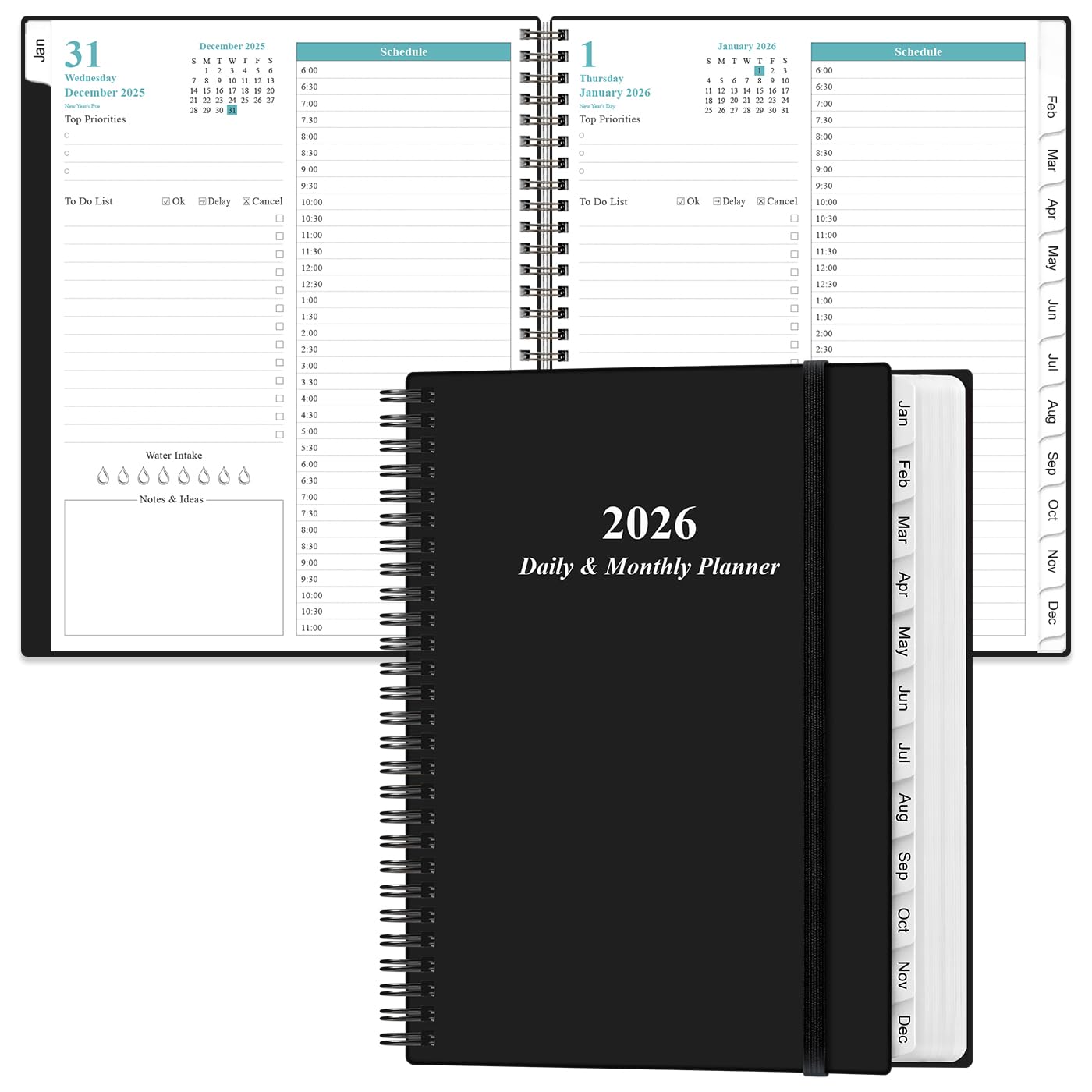 Photo 1 of 2026 Daily & Monthly Planner - One Page Per Day, Daily Planner from January 2026 - December 2026, Planner 2026 with 12 Monthly Tabs, 8.5" x 11", Black