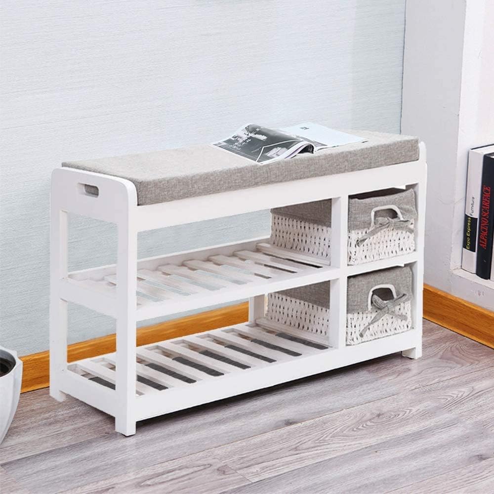 EXQUI 2 Tier Wooden White Shoe Storage Shoe Bench Shoes Rack