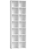 FOTOSOK Bookshelf Bookcase 7-Tier White Bookshelf Tall CD Media Tower Rack | 71'' Narrow Bookshelf Tall Bookcase with Cube Storage, Narrow Bookshelf DVD/CD Media Shelf Tower, Space Saving Display Shelf