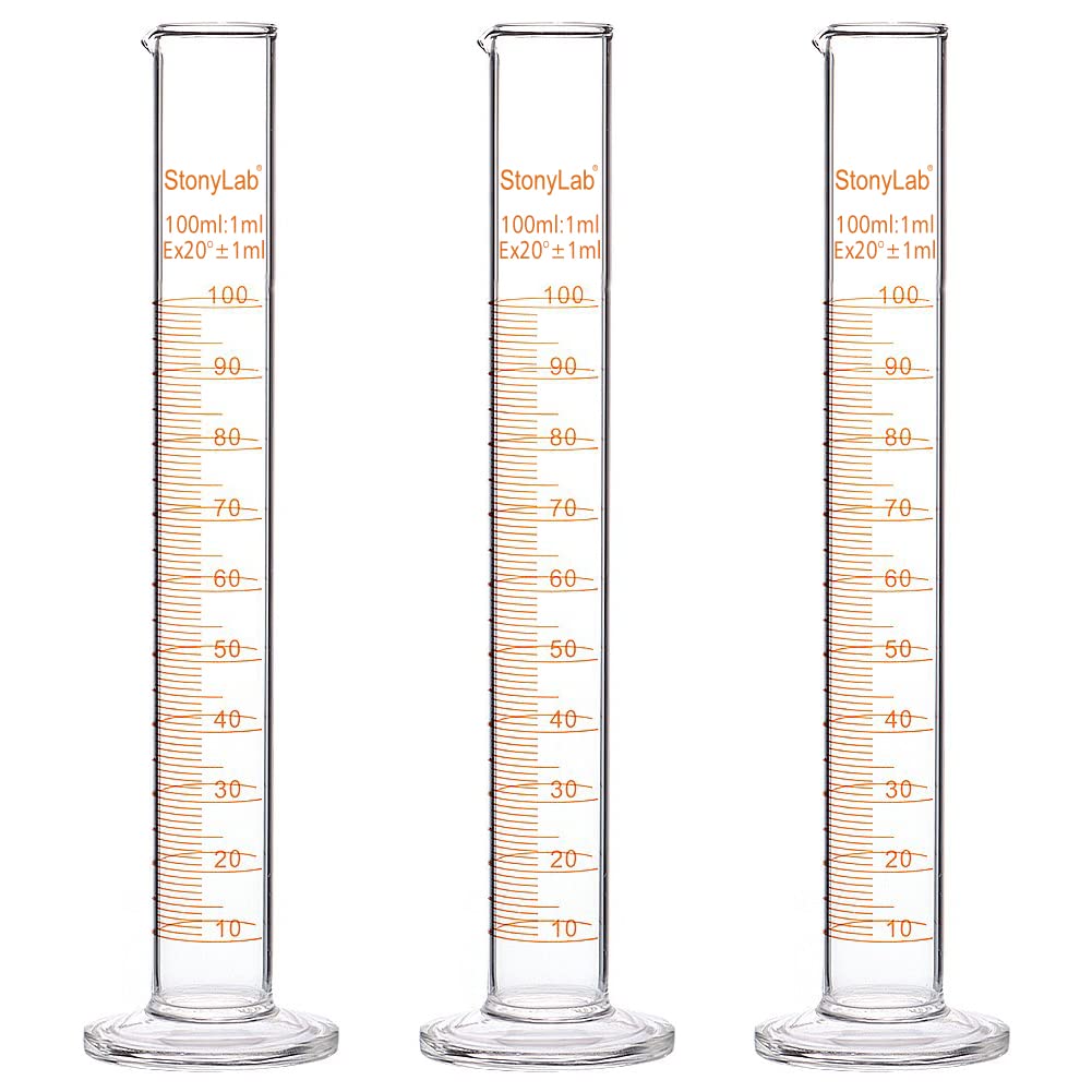 StonyLab 3 Pack Borosilicate Glass Heavy Wall Graduated Cylinder Measuring Cylinder, 100ml
