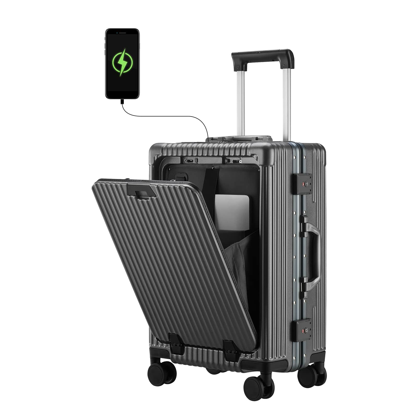 Airline Approved Carry on Luggage with Spinner Wheels,20 inch Aluminum Framed Suitcase,Built-In TSA lock,with USB Port & Cup Holder & Phone Holder Hard Case Luggage Travel Suitcase (Gray)