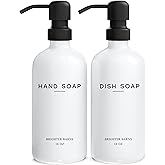 White Glass Hand and Dish Soap Dispenser Set by Brighter Barns - Kitchen Soap Dispenser & Stainless Steel Pump - Glass Bottles for Kitchen Sink - Farmhouse Home Decor, Bathroom Accessories (White)