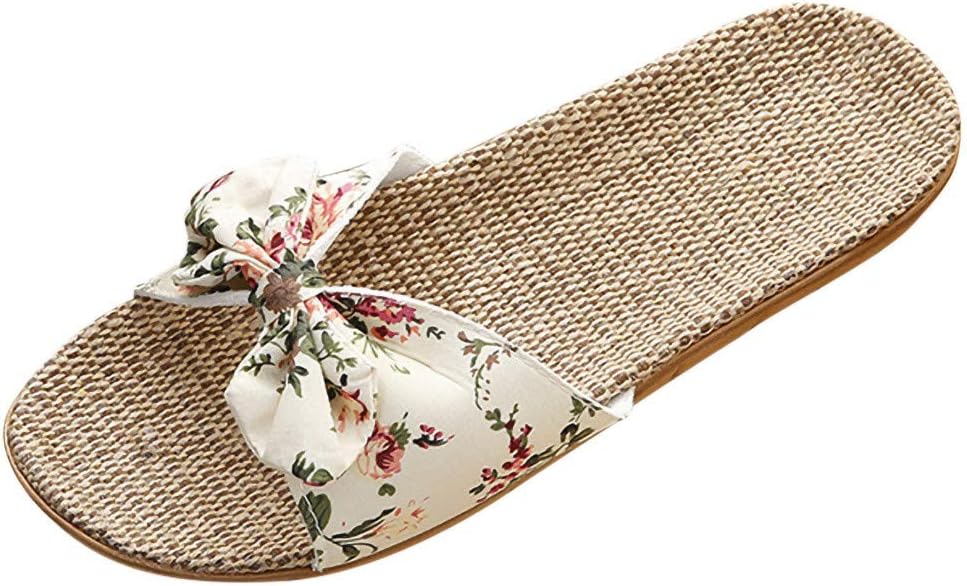 Women Flip Flops Summer Bohemia Bowknot Flax Linen Beach Shoes Sandals Slipper
