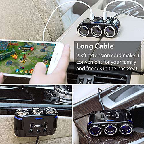 Sunjoyco 3-Socket Cigarette Lighter Adapter, 100W 12V/24V Power DC Outlet Splitter with 3.1A Dual USB Car Charger and On/Off Switch + Voltage Display for iPhone iPad Samsung GPS Dashcam - Thumbnail 6