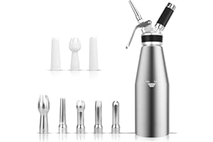 Whipped Cream Dispenser, 1000 ml/2 Pint Large Whipped Cream Maker Professional Aluminum Cream Canister with 8 Decorating Nozz