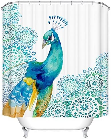 CHATAE Peacock Shower Curtains, Waterproof Mildew Resistant Bird Pattern Fabric Bath Curtain, 66W 72L Inch, Blue White Teal