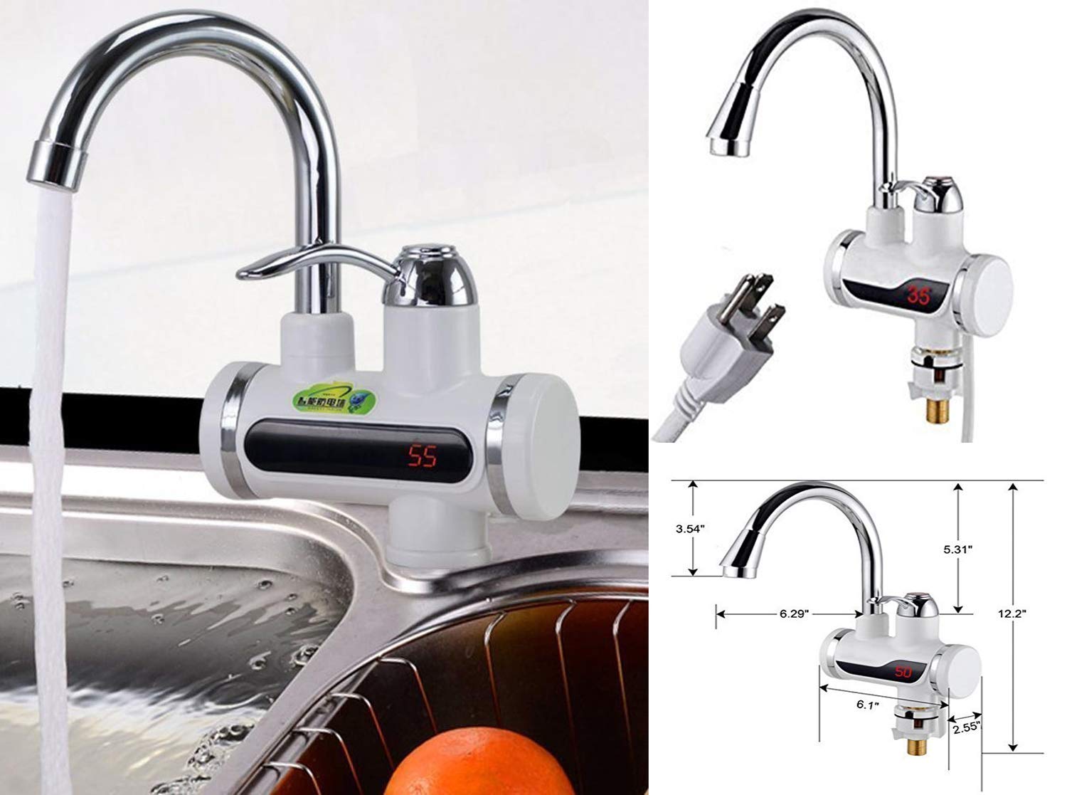 Volbit 110V 3sec Instant Tankless Electric Hot Water Heater Faucet Kitchen Fast Heating Tap Water Faucet with LED Digital Display