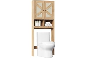 HOOBRO Over The Toilet Storage Cabinet, Bathroom Over Toilet Organizer with Rattan-Style Doors, Farmhouse Bathroom Storage Sh
