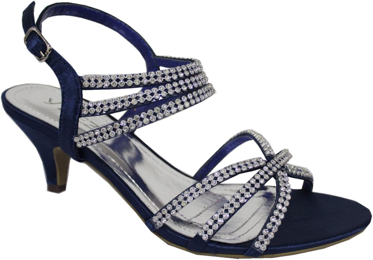 Navy Diamante Low Mid Heel Prom Evening Wedding Shoes Sandals Uk