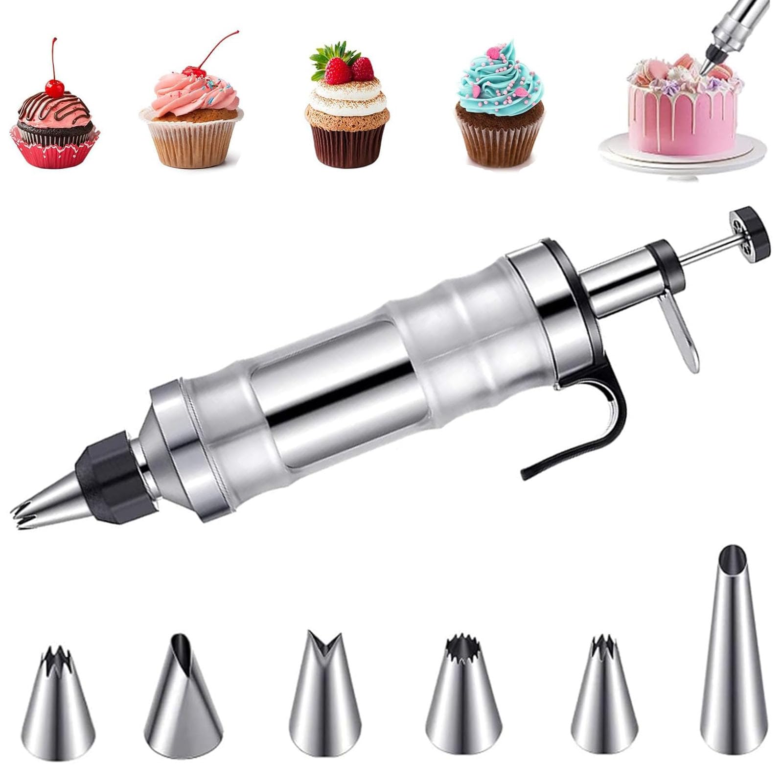 Wjelet Icing Syringe Cake Decorating Kit, Stainless Steel Icing Piping Kit, DIY Frosting Tools with 6 Nozzles Replacement for Piping Bags and Nozzles Set, Cake Piping Kit for Baking