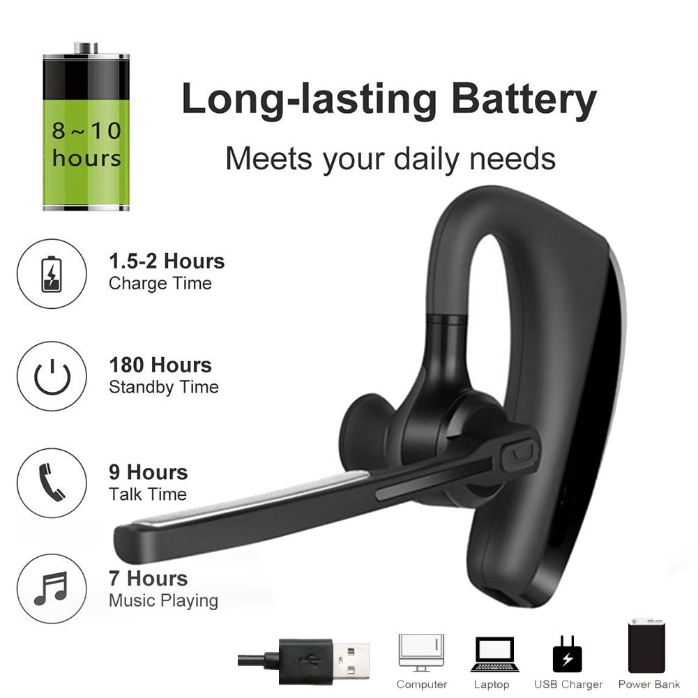 Bluetooth Headset, Handsfree Bluetooth 4.1 Headset Earphone for Business Trucker, Wireless Headphone Bluetooth Earpiece Compatible for iPhone Android Cellphone (Black-K10)