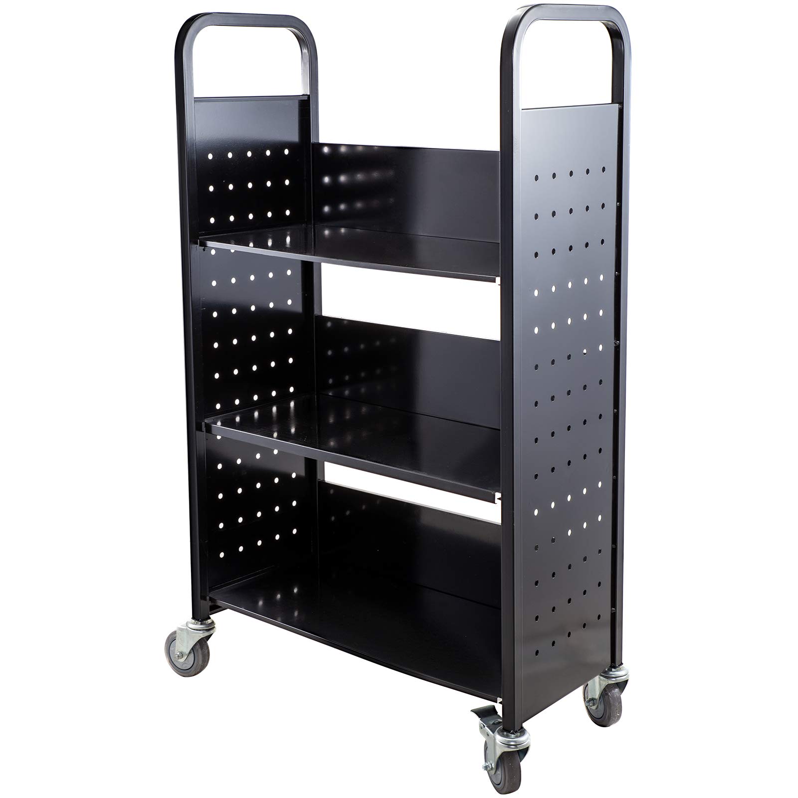 BestEquip Book Cart 200LBS Library Cart 30x14x45 Inch Rolling Book Cart Single Sided L-Shaped Flat Shelves with 4 Inch Lockable Wheels for Home Shelves Office and School Book Truck in Black