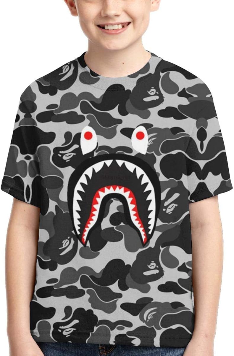 Ba-pe Shark Face Cool Camo Youth T-Shirt Tees Casual Short Sleeve Funny Fashion Tops Custom Shirt for Boys Girls