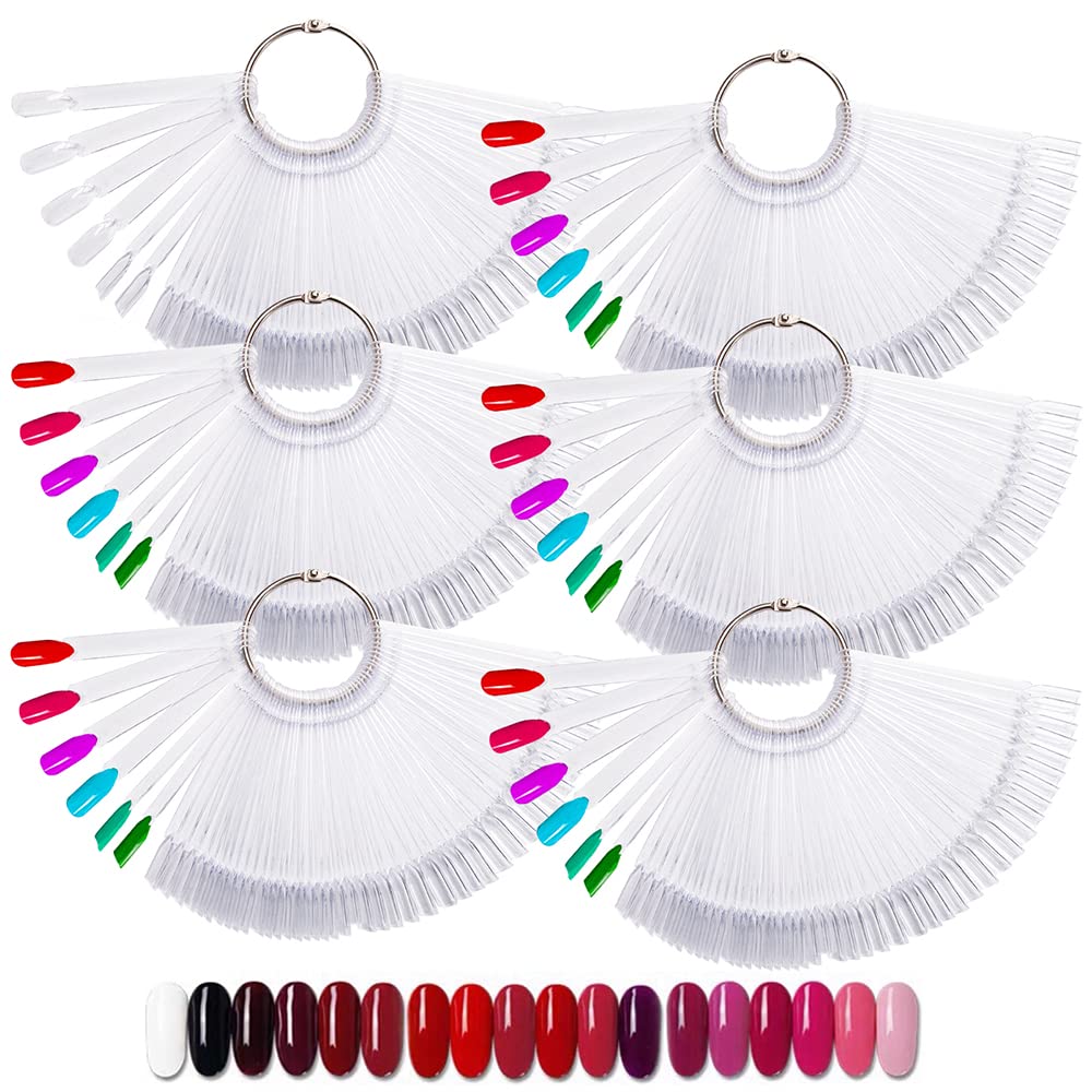 300Pcs Clear Nail Swatch Pop Sticks, BOJVESH Fan-Shaped Nail Colour Display Art Tips with 6 Metal Rings, Fake Practice Nail Board for Nail Salon and Beginners Nail Gel Polish Practice