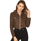 Allegra K Women's Faux Suede Jacket Button Down Collar Pockets Crop Moto Biker Coat