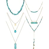 Estune 6 Pcs Turquoise Jewelry for Women Western Jewelry Boho Necklaces Gold and Turquoise Necklace Suede Choker Long Chain Tassels