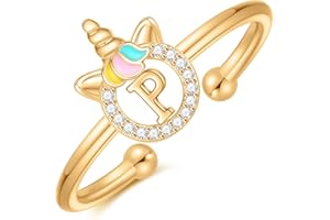 CIVOKINA Stackable Initial Unicorn Rings for Girls Gifts, 14K Gold Plated/Rose Gold/Silver Unicorn Rings for Girls Cute Initial Toddler Ring Hypoallergenic Adjustable Letter Rings for Teen Girls Kids Rings