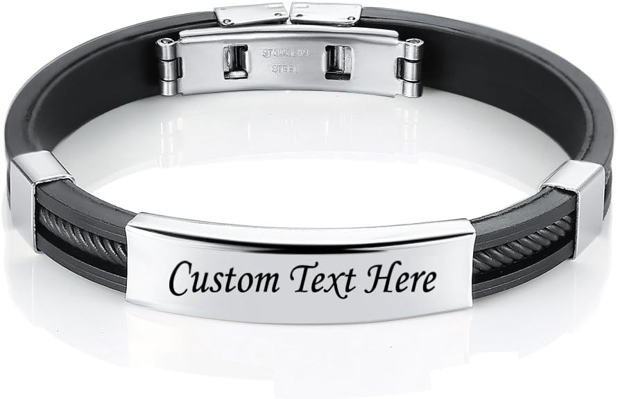 GAGAFEEL Custom Engraved Name ID Message Stainless Steel Rubber Bracelet Bangle DIY Gift for Men Women