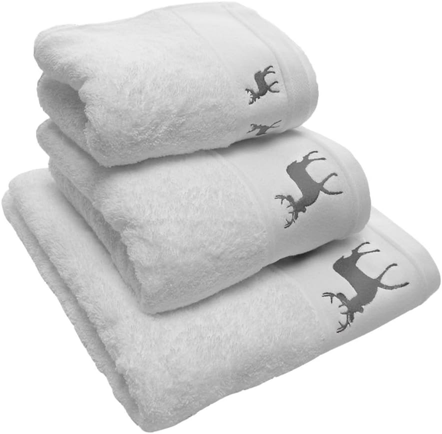 Reindeer Stag Embroidered Christmas Festive 100% Cotton Supersoft Towel White Silver Grey (Guest Towel)