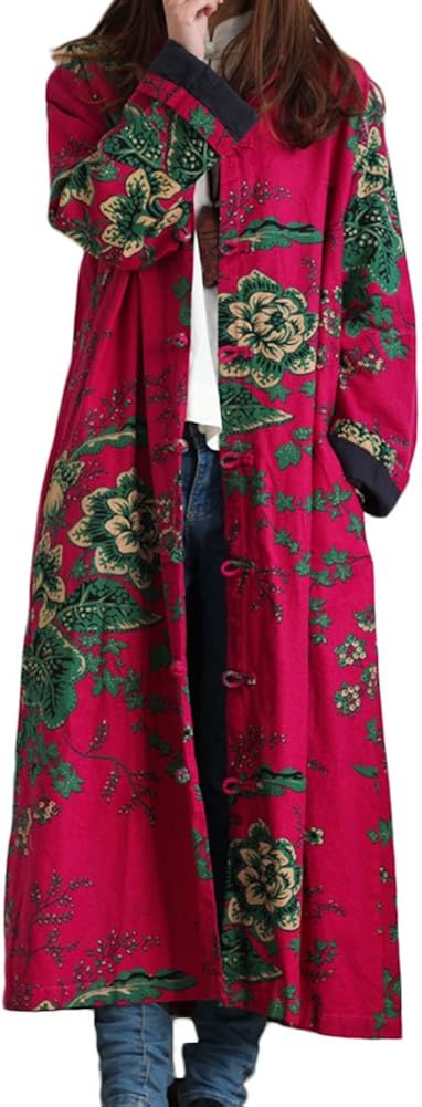 LZJN Women Trench Coat Floral Print Long Jacket with Pockets (Red): Clothing