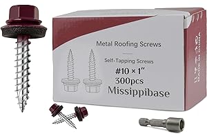 MISSIPPIBASE Metal Roofing Screws #10 × 1 Inch, 300 PCS,Red Painted Hex Head Sheet Metal Roof Screws,Rubber Washer,Sharp Point,Self Starting Metal to Wood Siding Screws, EPDM Washer,Hex Socket Included