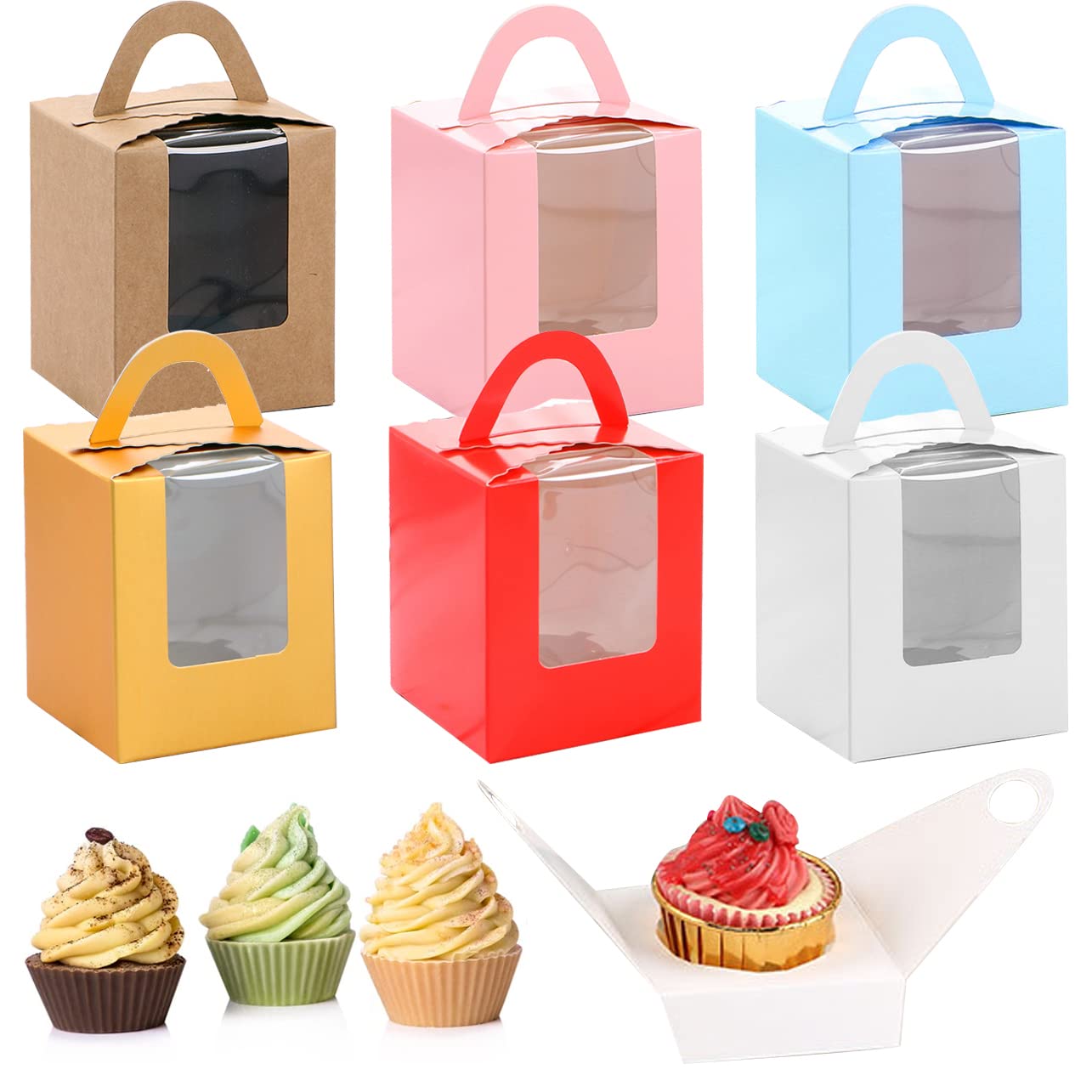 24Pcs Single Cupcake Boxes with Window Small Muffin Boxes Individual Bakery Boxes with Handles and Cardboard Inserts Cake Carrier Holder Gift Box for Wedding Birthday Party Pastry Wrapping Decoration