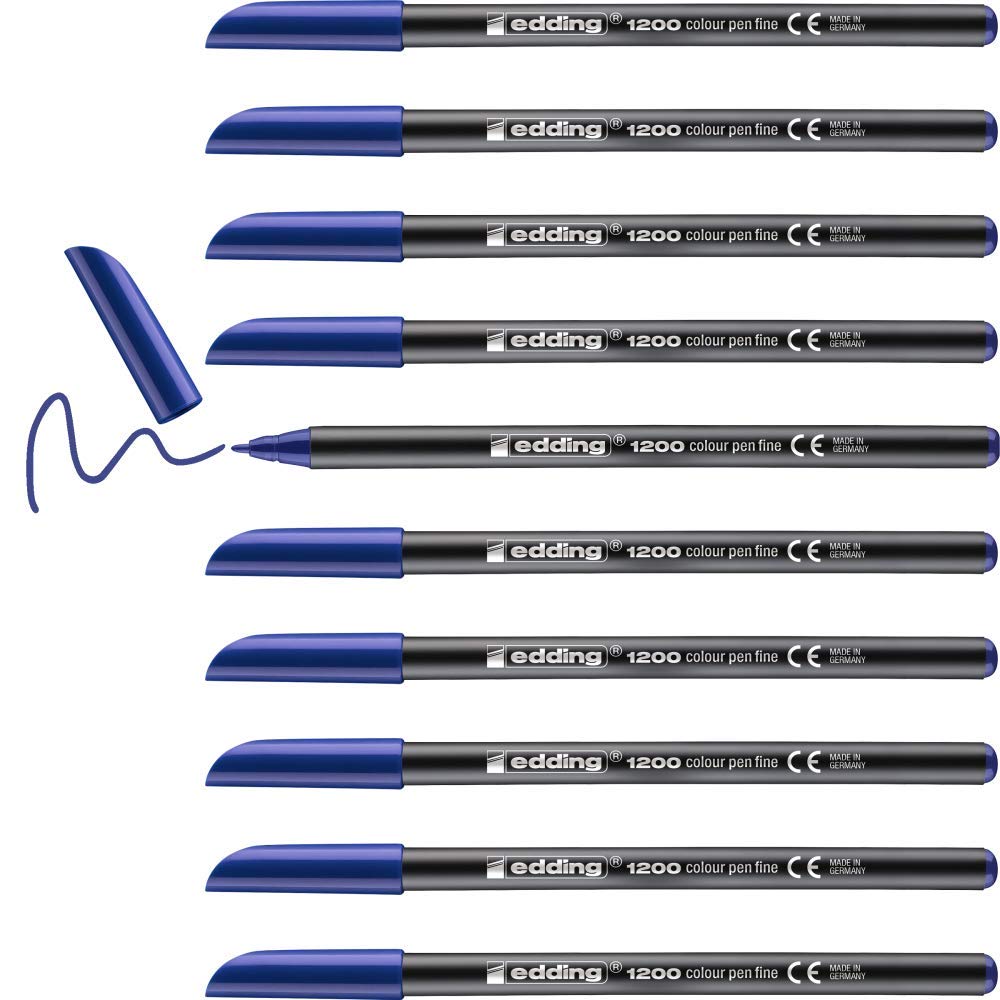 edding 1200 colour pen fine - blue - 10 pens - round tip 1 mm - felt-tip pen for drawing and writing - for school or mandala