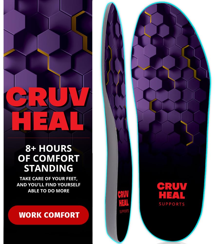 Photo 1 of (New) Work Comfort Orthotic Insoles - Anti Fatigue Shoe Insert Men Women - Low Arch Support - Shock Absorption - Foot Pain Relief - Work Boot Insoles (Violet Hexagons, M)