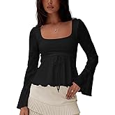 Cioatin Women Y2K Flowy Peplum Babydoll Tops Fall Outfits Long Sleeve Square Neck Sheer Floral Lace Ruffle Crop Tshirt Blouse