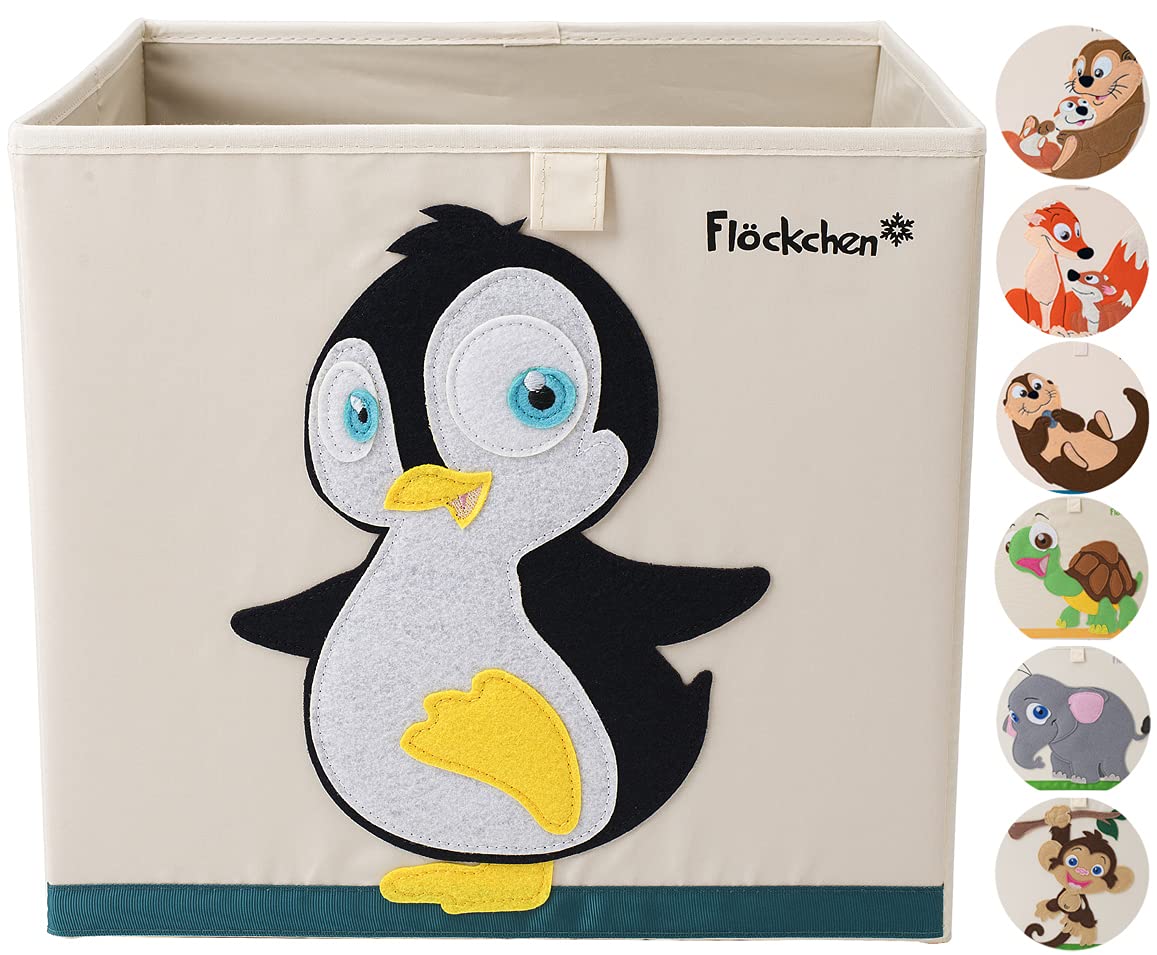 Flöckchen Children's Storage Box, Toy Box for Children's Room, Toy Box (33 x 33 x 33 cm) Fits in the Kallax Shelf, Children's Animals Motif (Polly the Penguin)