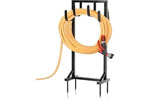 GAVISCITY Heavy-Duty Garden Hose Holder with Stable Base and Tool Hooks, Freestanding Metal Hose Hanger Garden Hose Storage Holds 151Ft Hose, Rustproof Water Hose Holder for Outside Yard Lawn, Black