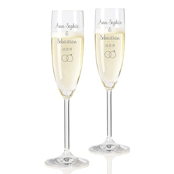 Geschenke.de Leonardo Sektgläser mit Gravur Namen und Ringen - Geschenk zur Hochzeit für das Brautpaar, 2er-Set