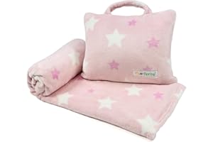 VigorSpring 3-in-1 Kids Travel Blanket and Pillow Set - 40x60 Inches Soft Pink Star Design,Kids Travel Blanket Airplane Compact with Bag, Potable Pillow Blanket for Travel Airplane Train Bed Office