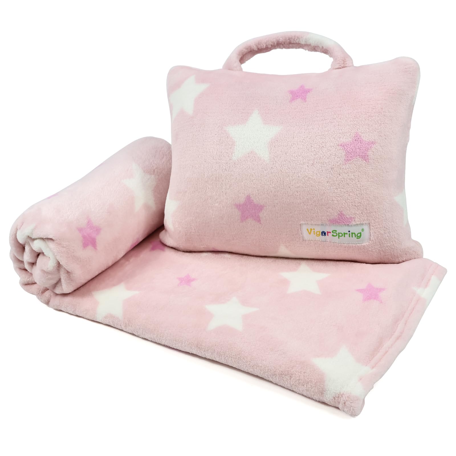 Photo 1 of VigorSpring 3-in-1 Kids Travel Pillow & Blanket Set - 40x60 Inches Soft Pink Star Design | Travel Blanket Airplane Compact with Bag | Ideal for Travel, Camping, Car Rides & Home Decor