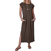 ANRABESS Women Summer Maxi Dress 2026 Casual Loose Cap Sleeve Crewneck Split Beach Vacation Long Sundress with Pockets