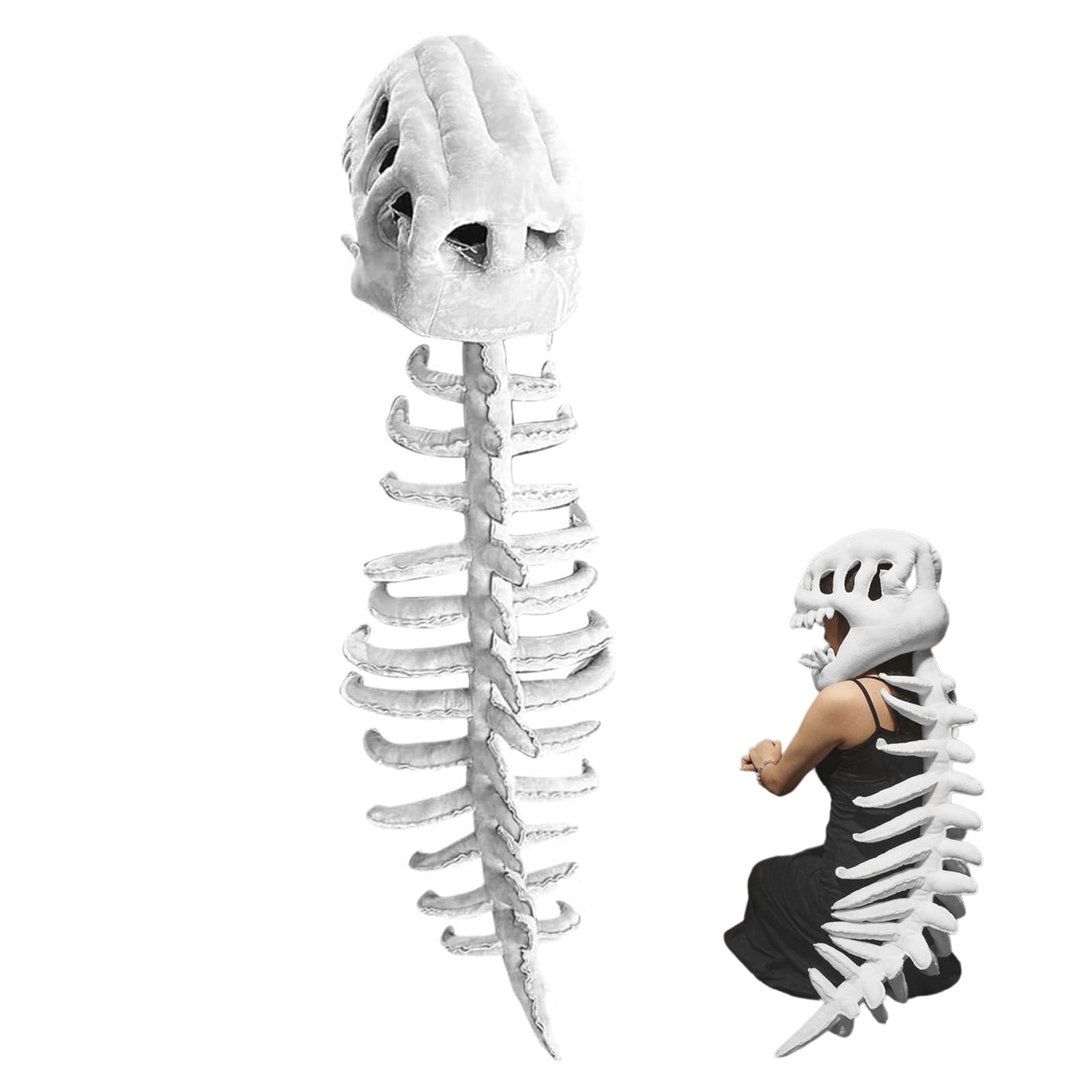 PORUPAEL Dinosaur Skeleton Costume - Full-Body Wearable Plush with Articulated Spine, Realistic Bone Dino Outfit for Halloween Cosplay, Themed Parties, Adults and Kids (White)