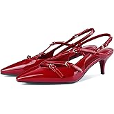 CORNMOOD Slingback Kitten Heels for Women Pointed Toe Stiletto Low Heels with Buckle Strap Heeled Pumps Sandals