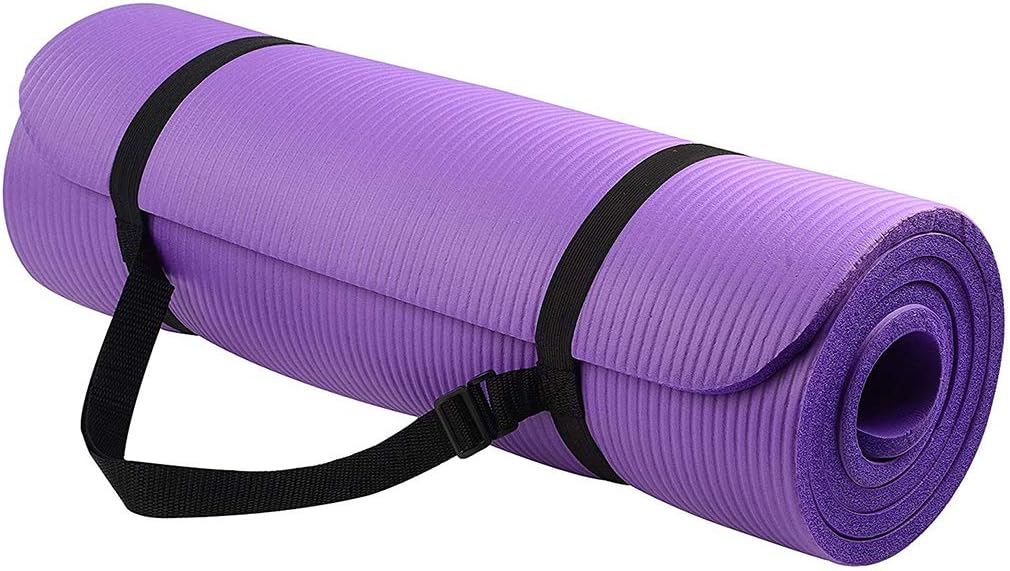Lamdoo 1 Set Yoga Mat Extra Thick 1cm Pilates Fitness Cushion Non Slip Exercise Pad High Density Balance NBR 183cm Long Hot Yoga Supplies Indoor With Strap - Purple