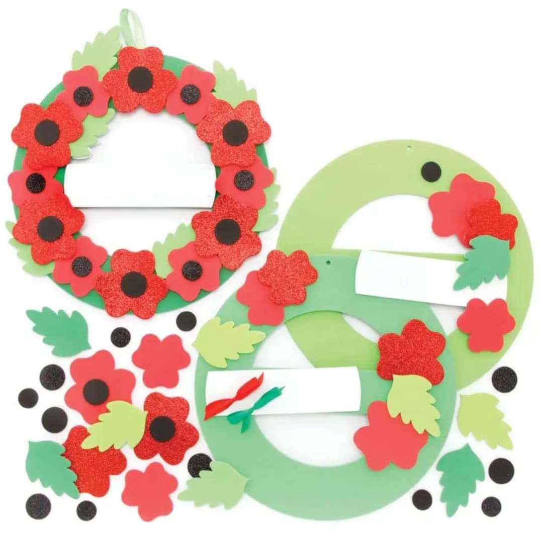 Baker Ross Poppy Wreath Kits - Pack of 3, Wreath Ring to Decorate and Display, Kids Remembrance and Armistice Day Crafts (FE781)