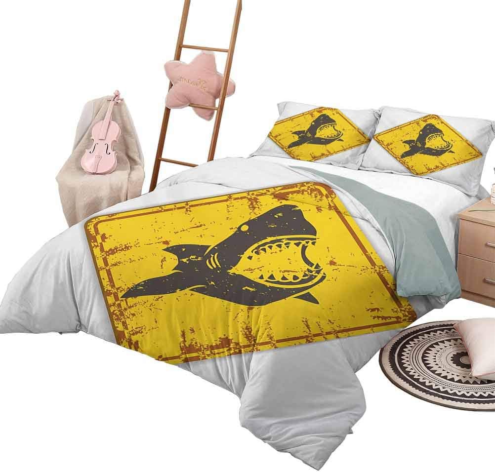 Shark Hotel Luxury Bed Sets Caution Shark Sign Sharp Teeth Animal Ocean Danger Do Not Swim Illustration Comforter Cover with Zipper Earth Yellow Grey with 2 Pillow Shams, King Size