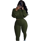 Womens Ribbed 2 Piece Outfits Long Sleeve Crop Top Pullover Skinny Long Pants Sweatsuits Set Tracksuit