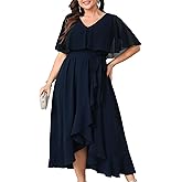 Women Plus Size Long Formal Dress Short Sleeve Chiffon Ruffle V Neck High Low Split Wedding Guest Maxi Dresses