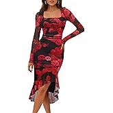 MEROKEETY Women's 2026 Wedding Guest Dress Bodycon Long Sleeve Square Neck Ruched Mesh Cocktail Party Holiday Midi Dresses